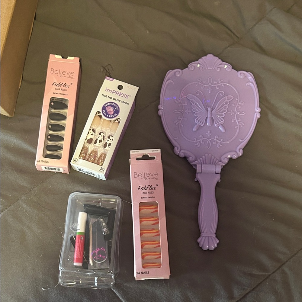 Purple Handheld Mirror with Nail Sets